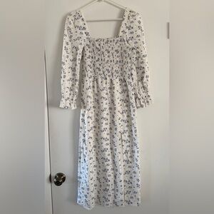 House of Harlow 1960 Linen Blend Smocked Floral Midi Dress Cottagecore S